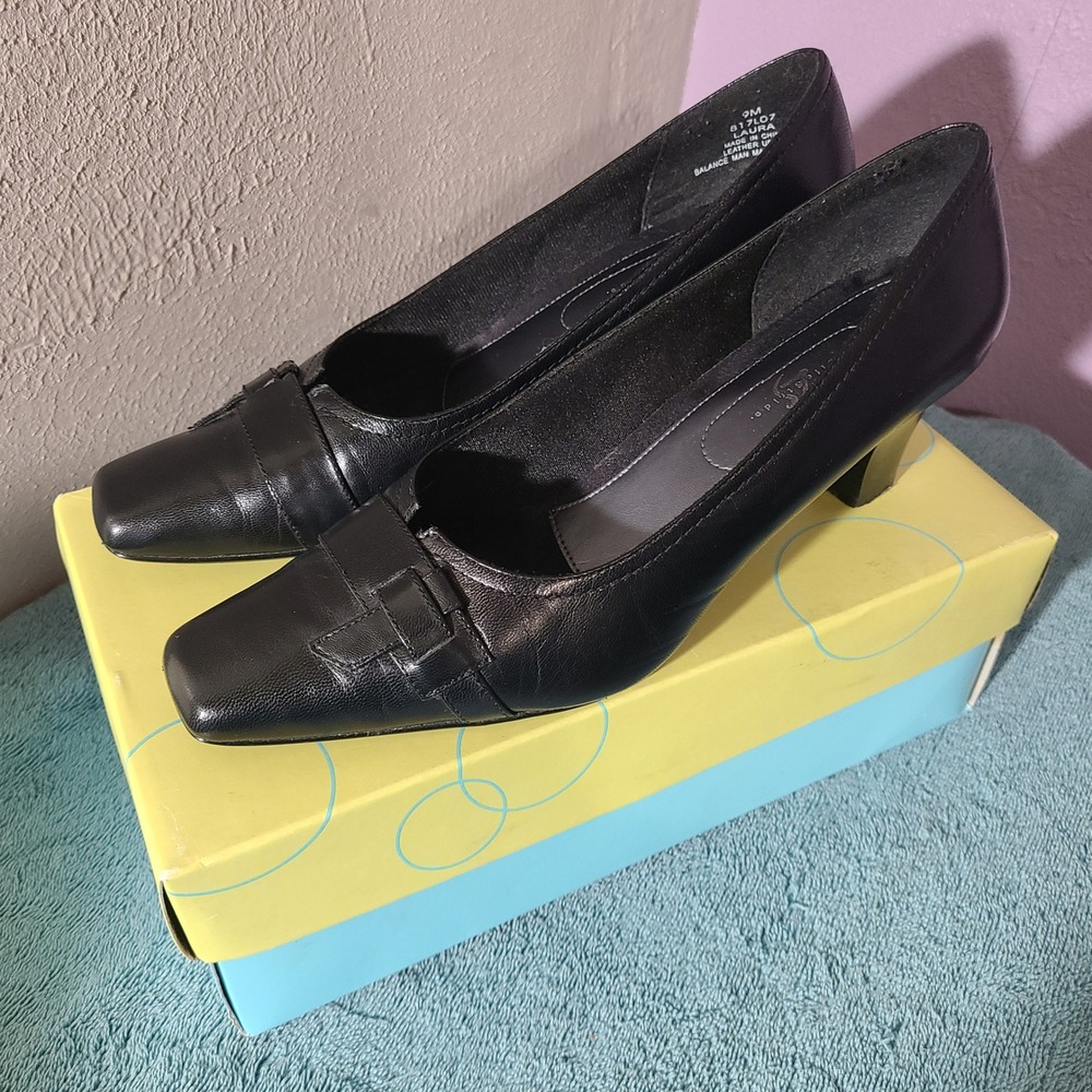 Life Stride Laura 817L07 Black Leather Pumps Heels Square Toe Shoes Women's‎ 9M